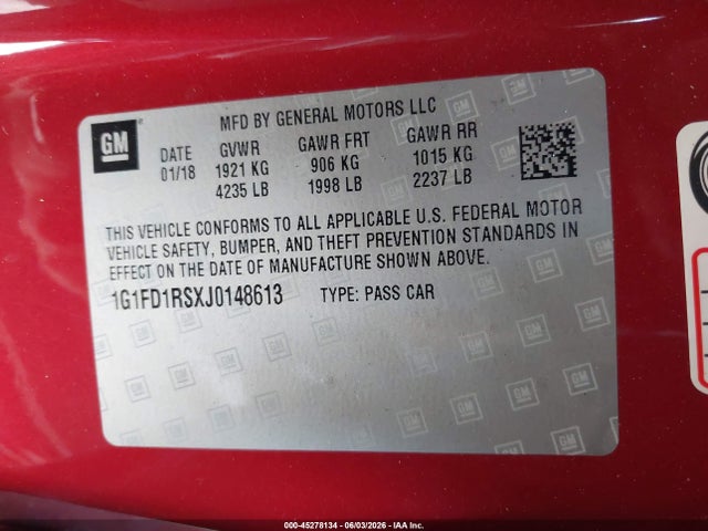 1G1FD1RSXJ0148613 Chevrolet Camaro 2lt