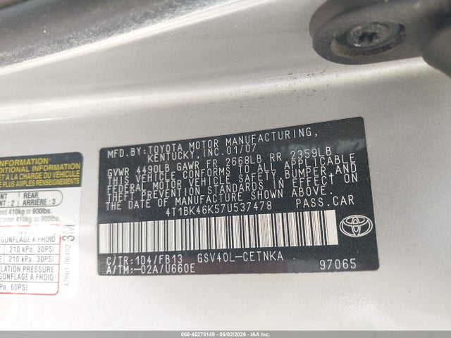 Продажа на аукционе авто 2007 Toyota Camry Le V6, vin: 4T1BK46K57U537478, номер лота: 45278149