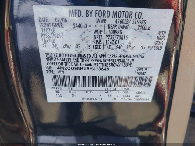 2006 Mercury Mariner Hybrid მანქანა იყიდება აუქციონზე, vin: 4M2CU98HX6KJ13848, აუქციონის ნომერი: 45278151
