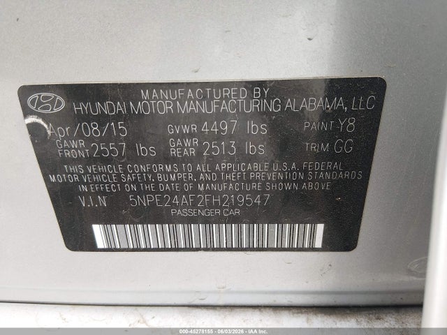 Aukcja sprzedaży 2015 Hyundai Sonata Se, vin: 5NPE24AF2FH219547, numer aukcji: 45278155
