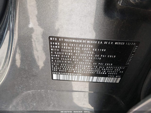 45278164 :رقم المزاد ، 3VV2B7AX0MM054894 vin ، 2021 Volkswagen Tiguan 2.0t Se/2.0t Se R-line Black/2.0t Sel مزاد بيع
