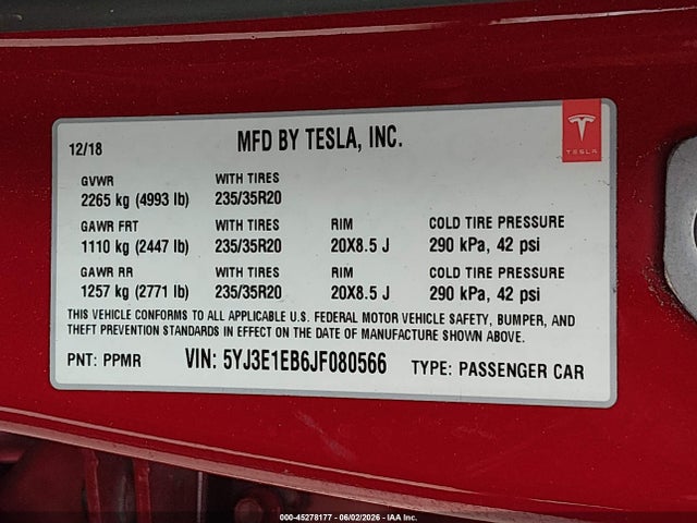 Aukcja sprzedaży 2018 Tesla Model 3 Long Range/performance, vin: 5YJ3E1EB6JF080566, numer aukcji: 45278177