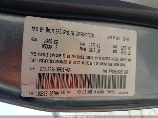 Aukcja sprzedaży 2006 Chrysler 300c, vin: 2C3LA63H16H317437, numer aukcji: 45278179