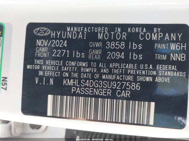 Aukcja sprzedaży 2025 Hyundai Elantra Sel Convenience, vin: KMHLS4DG3SU927586, numer aukcji: 45278193
