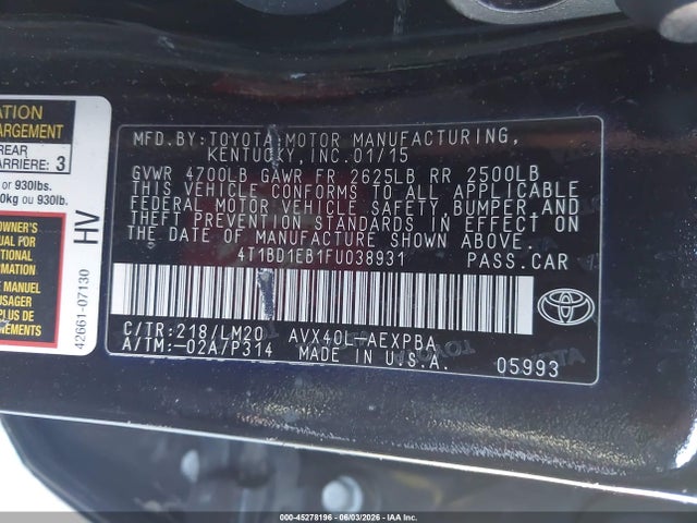 4T1BD1EB1FU038931 Toyota Avalon Hybrid/prem/tour/ltd