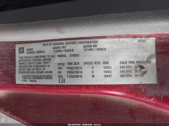 2006 Chevrolet Colorado Ls მანქანა იყიდება აუქციონზე, vin: 1GCCS198X68315856, აუქციონის ნომერი: 45278204