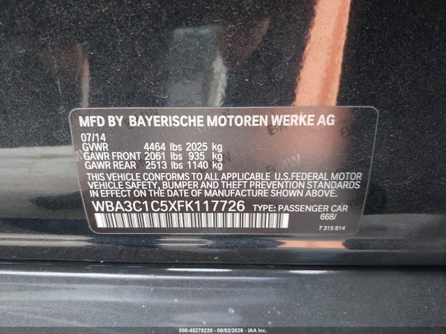 Aukcja sprzedaży 2015 Bmw 328i, vin: WBA3C1C5XFK117726, numer aukcji: 45278220