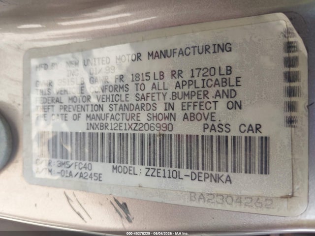 Aukcja sprzedaży 1999 Toyota Corolla Le, vin: 1NXBR12E1XZ206990, numer aukcji: 45278229