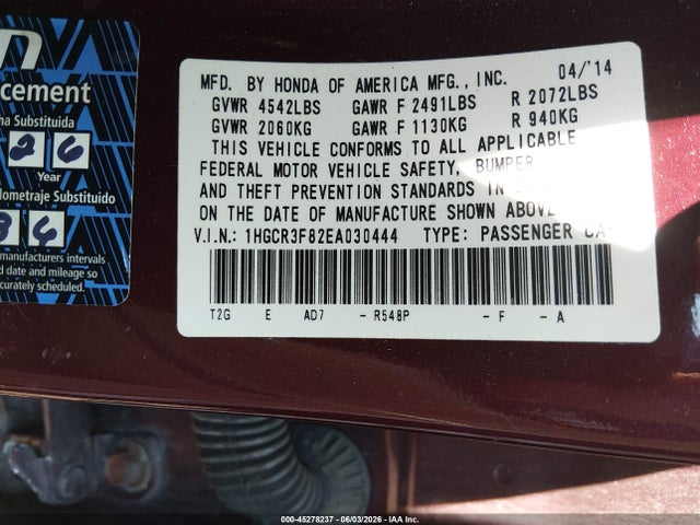 Aukcja sprzedaży 2014 Honda Accord Ex-l V-6, vin: 1HGCR3F82EA030444, numer aukcji: 45278237