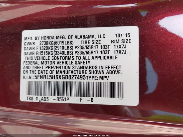 5FNRL5H6XGB027495 Honda Odyssey Ex-l