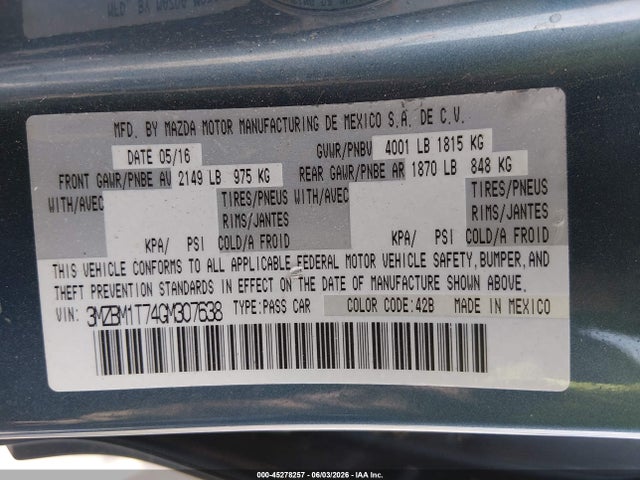 Продажа на аукционе авто 2016 Mazda Mazda3 I Sport, vin: 3MZBM1T74GM307638, номер лота: 45278257
