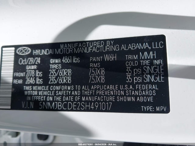 Aukcja sprzedaży 2025 Hyundai Tucson Sel, vin: 5NMJBCDE2SH491017, numer aukcji: 45278261