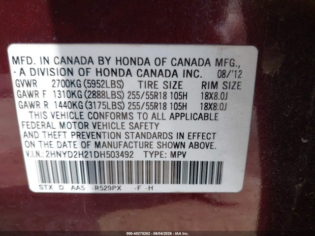 45278262 :رقم المزاد ، 2HNYD2H21DH503492 vin ، 2013 Acura Mdx مزاد بيع