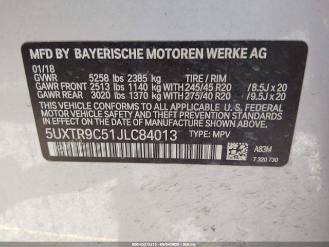 45278275 :رقم المزاد ، 5UXTR9C51JLC84013 vin ، 2018 Bmw X3 Xdrive30i مزاد بيع