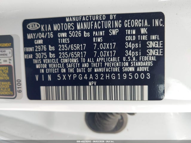 Продажа на аукционе авто 2017 Kia Sorento 2.4l Lx, vin: 5XYPG4A32HG195003, номер лота: 45278282