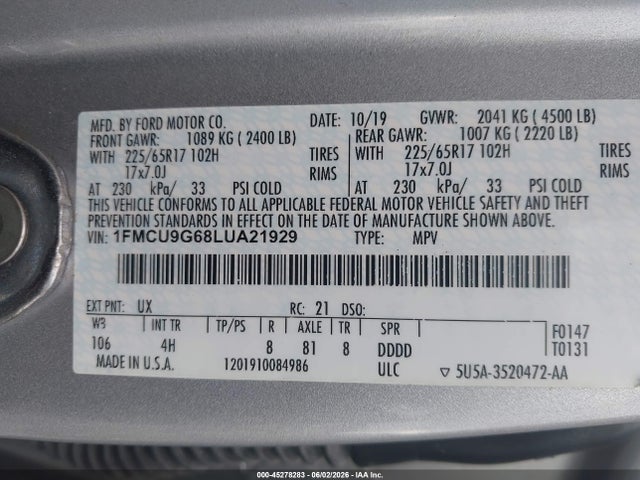 Auction sale of the 2020 Ford Escape Se, vin: 1FMCU9G68LUA21929, lot number: 45278283