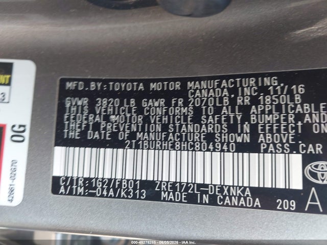 Продаж на аукціоні авто 2017 Toyota Corolla Le, vin: 2T1BURHE8HC804940, номер лоту: 45278285