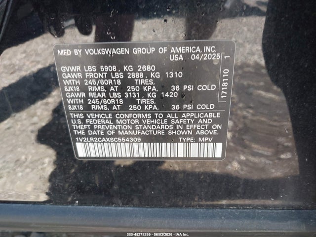 Продажа на аукционе авто 2025 Volkswagen Atlas 2.0t Se, vin: 1V2LR2CAXSC554309, номер лота: 45278299
