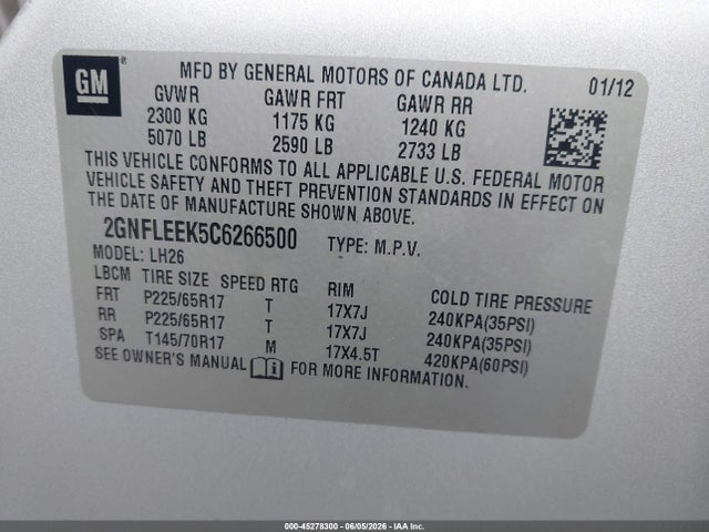 Aukcja sprzedaży 2012 Chevrolet Equinox 1lt, vin: 2GNFLEEK5C6266500, numer aukcji: 45278300