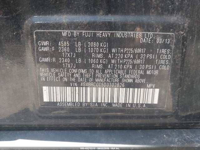 45278310 :رقم المزاد ، 4S4BRCCC5D3302826 vin ، 2013 Subaru Outback 2.5i Premium مزاد بيع