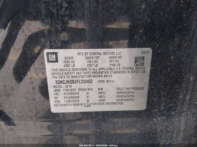 Продажа на аукционе авто 2015 Chevrolet Trax Ltz, vin: 3GNCJNSB2FL200452, номер лота: 45278311