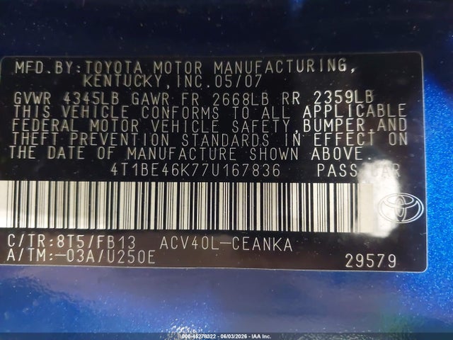 Aukcja sprzedaży 2007 Toyota Camry Le, vin: 4T1BE46K77U167836, numer aukcji: 45278322