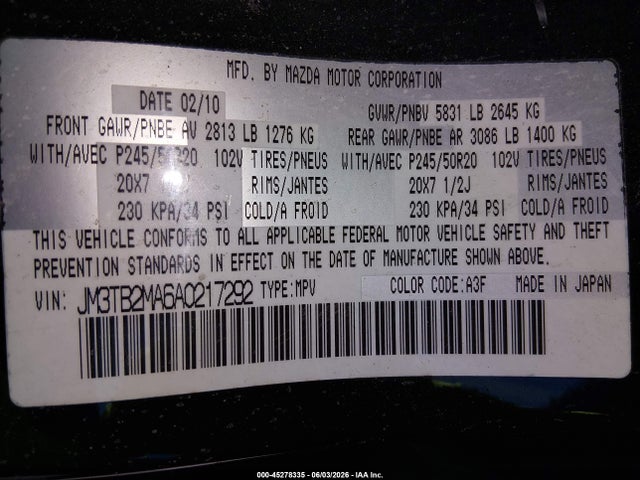 45278335 :رقم المزاد ، JM3TB2MA6A0217292 vin ، 2010 Mazda Cx-9 Grand Touring مزاد بيع