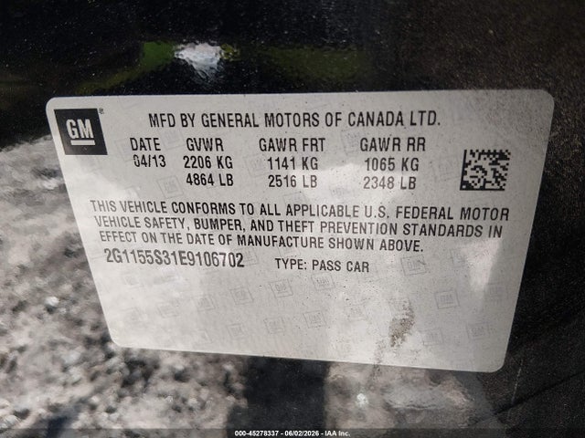 45278337 :رقم المزاد ، 2G1155S31E9106702 vin ، 2014 Chevrolet Impala 2lz مزاد بيع