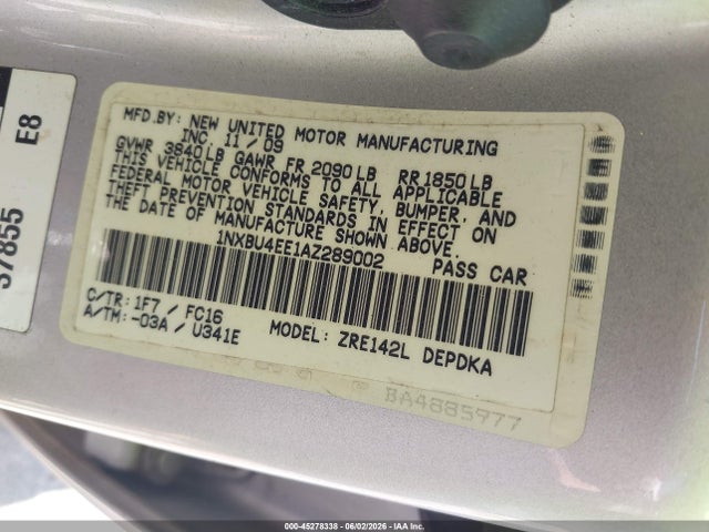 45278338 :رقم المزاد ، 1NXBU4EE1AZ289002 vin ، 2010 Toyota Corolla Le مزاد بيع