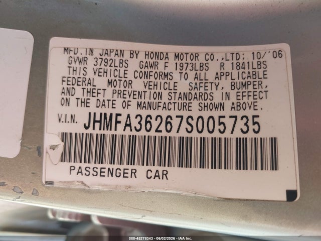 Продаж на аукціоні авто 2007 Honda Civic Hybrid, vin: JHMFA36267S005735, номер лоту: 45278343