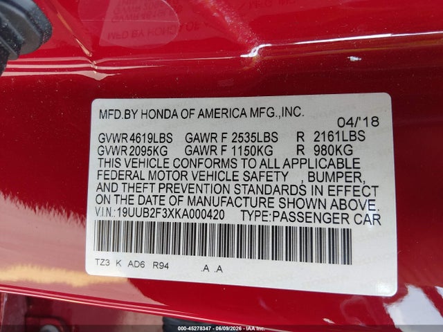 Продаж на аукціоні авто 2019 Acura Tlx Standard, vin: 19UUB2F3XKA000420, номер лоту: 45278347