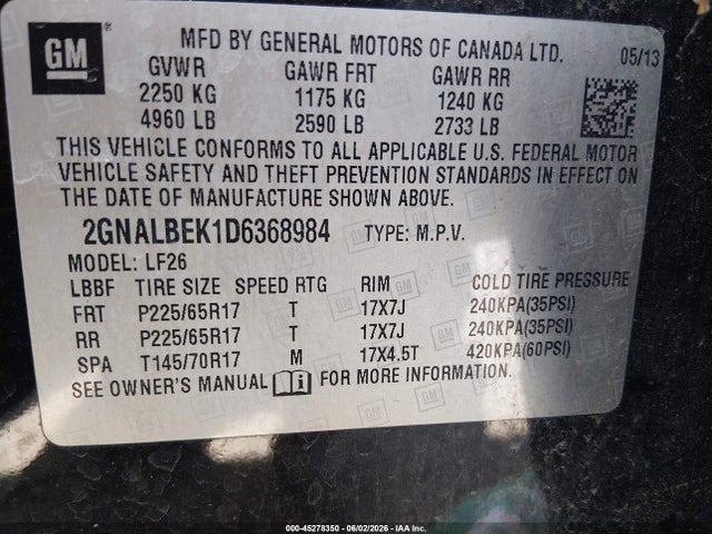 45278350 :رقم المزاد ، 2GNALBEK1D6368984 vin ، 2013 Chevrolet Equinox Ls مزاد بيع