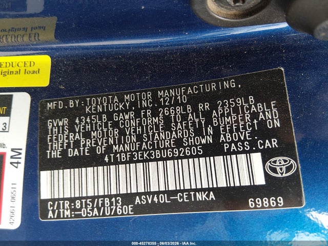 Продаж на аукціоні авто 2011 Toyota Camry Le, vin: 4T1BF3EK3BU692605, номер лоту: 45278355