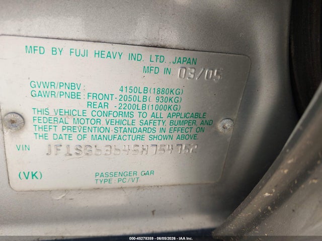 Aukcja sprzedaży 2005 Subaru Forester 2.5x, vin: JF1SG63645H754752, numer aukcji: 45278359
