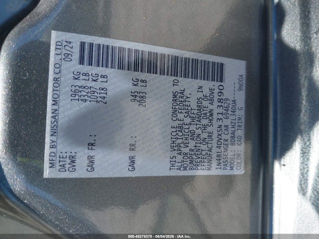 Aukcja sprzedaży 2025 Nissan Altima Sv Fwd, vin: 1N4BL4DVXSN313890, numer aukcji: 45278370