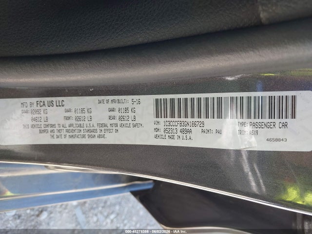 2016 Chrysler 200 Touring მანქანა იყიდება აუქციონზე, vin: 1C3CCCFB3GN186729, აუქციონის ნომერი: 45278386