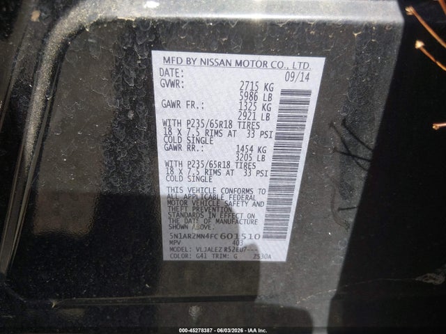 Продажа на аукционе авто 2015 Nissan Pathfinder Sv, vin: 5N1AR2MN4FC601510, номер лота: 45278387