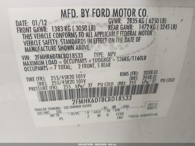 2012 Ford Flex Limited მანქანა იყიდება აუქციონზე, vin: 2FMHK6DT8CBD18533, აუქციონის ნომერი: 45278390