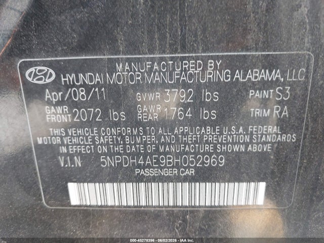 2011 Hyundai Elantra Limited მანქანა იყიდება აუქციონზე, vin: 5NPDH4AE9BH052969, აუქციონის ნომერი: 45278396