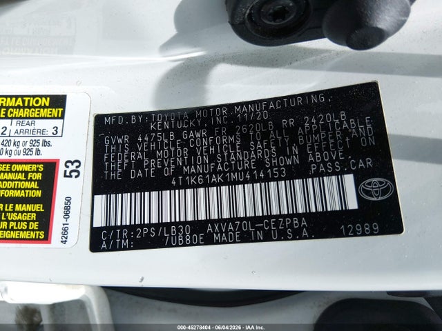 2021 Toyota Camry Xse მანქანა იყიდება აუქციონზე, vin: 4T1K61AK1MU414153, აუქციონის ნომერი: 45278404