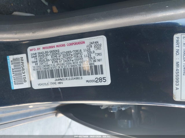 Продажа на аукционе авто 2002 Mitsubishi Montero Xls, vin: JA4MW31R12J049813, номер лота: 45278406