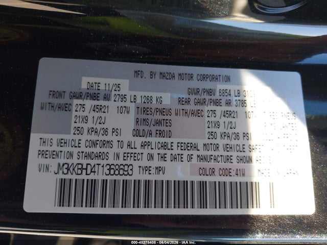 45278408 :رقم المزاد ، JM3KKBHD4T1368693 vin ، 2026 Mazda Cx-90 3.3 Turbo Preferred مزاد بيع