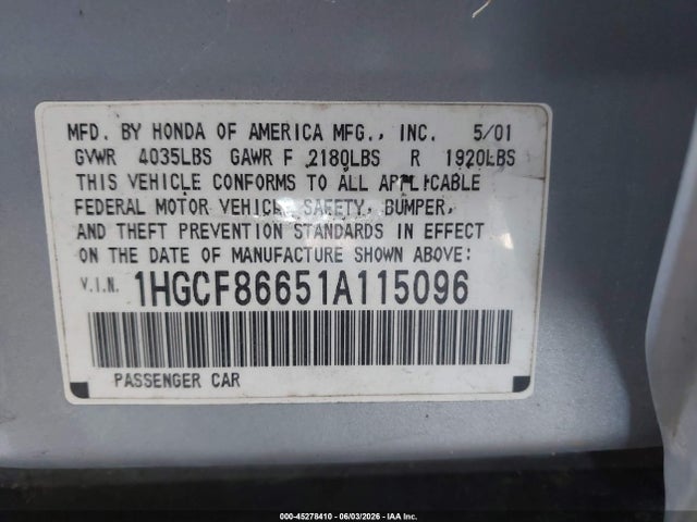 Продажа на аукционе авто 2001 Honda Accord Value Package, vin: 1HGCF86651A115096, номер лота: 45278410