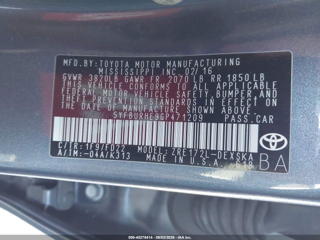 45278414 :رقم المزاد ، 5YFBURHE9GP471209 vin ، 2016 Toyota Corolla S Plus مزاد بيع