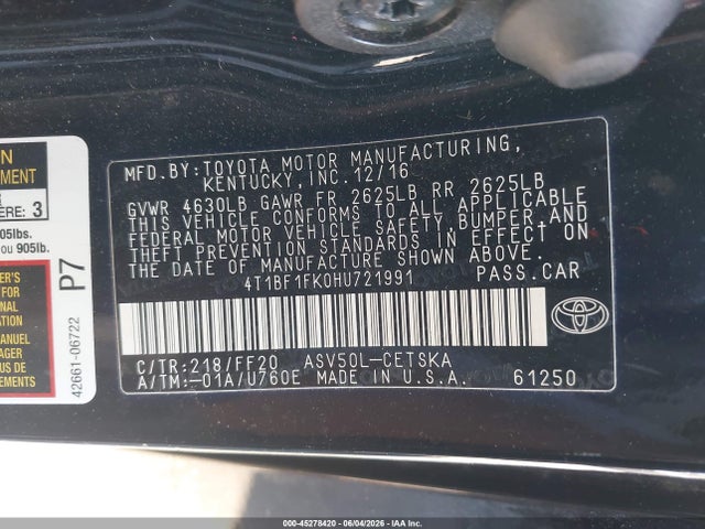Aukcja sprzedaży 2017 Toyota Camry Se, vin: 4T1BF1FK0HU721991, numer aukcji: 45278420