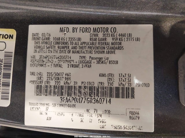 2016 Ford Fusion Se მანქანა იყიდება აუქციონზე, vin: 3FA6P0H77GR360714, აუქციონის ნომერი: 45278431