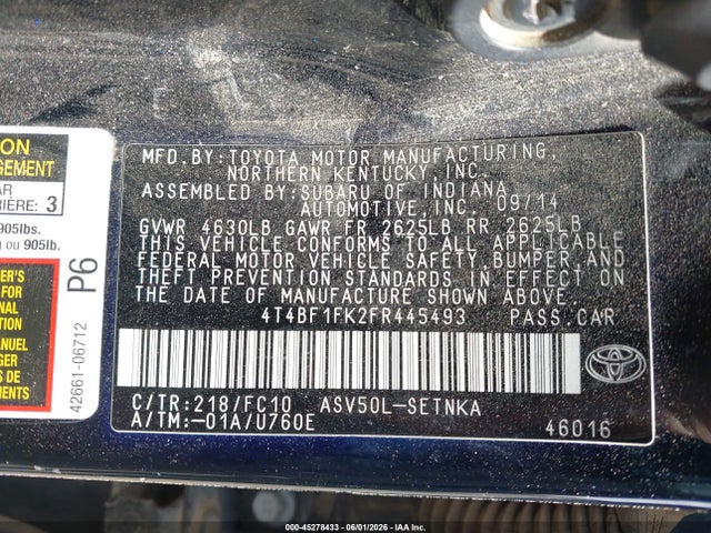 45278433 :رقم المزاد ، 4T4BF1FK2FR445493 vin ، 2015 Toyota Camry Le مزاد بيع
