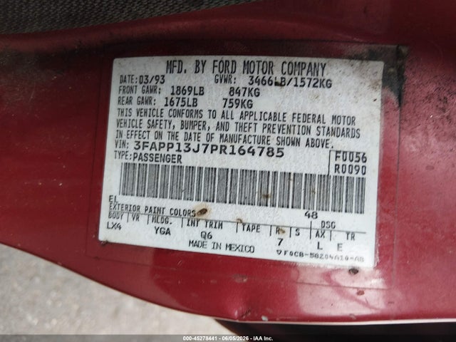 1993 Ford Escort Lx მანქანა იყიდება აუქციონზე, vin: 3FAPP13J7PR164785, აუქციონის ნომერი: 45278441