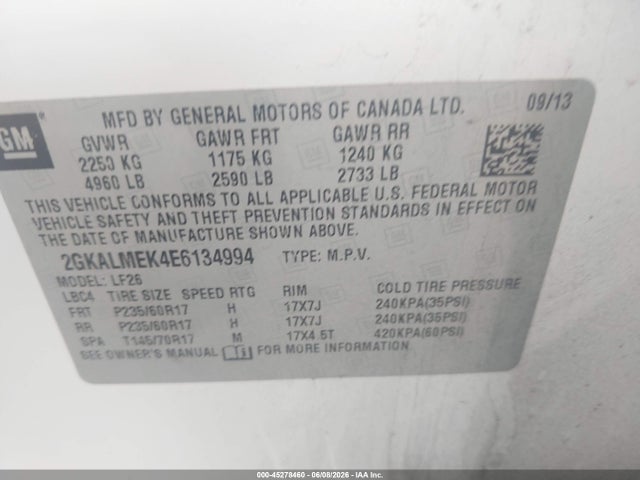 2014 Gmc Terrain Sle-1 მანქანა იყიდება აუქციონზე, vin: 2GKALMEK4E6134994, აუქციონის ნომერი: 45278460