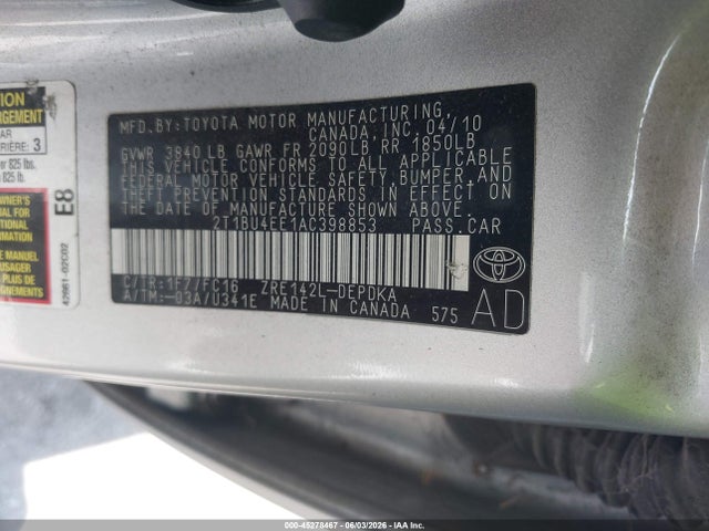 Aukcja sprzedaży 2010 Toyota Corolla Le, vin: 2T1BU4EE1AC398853, numer aukcji: 45278467